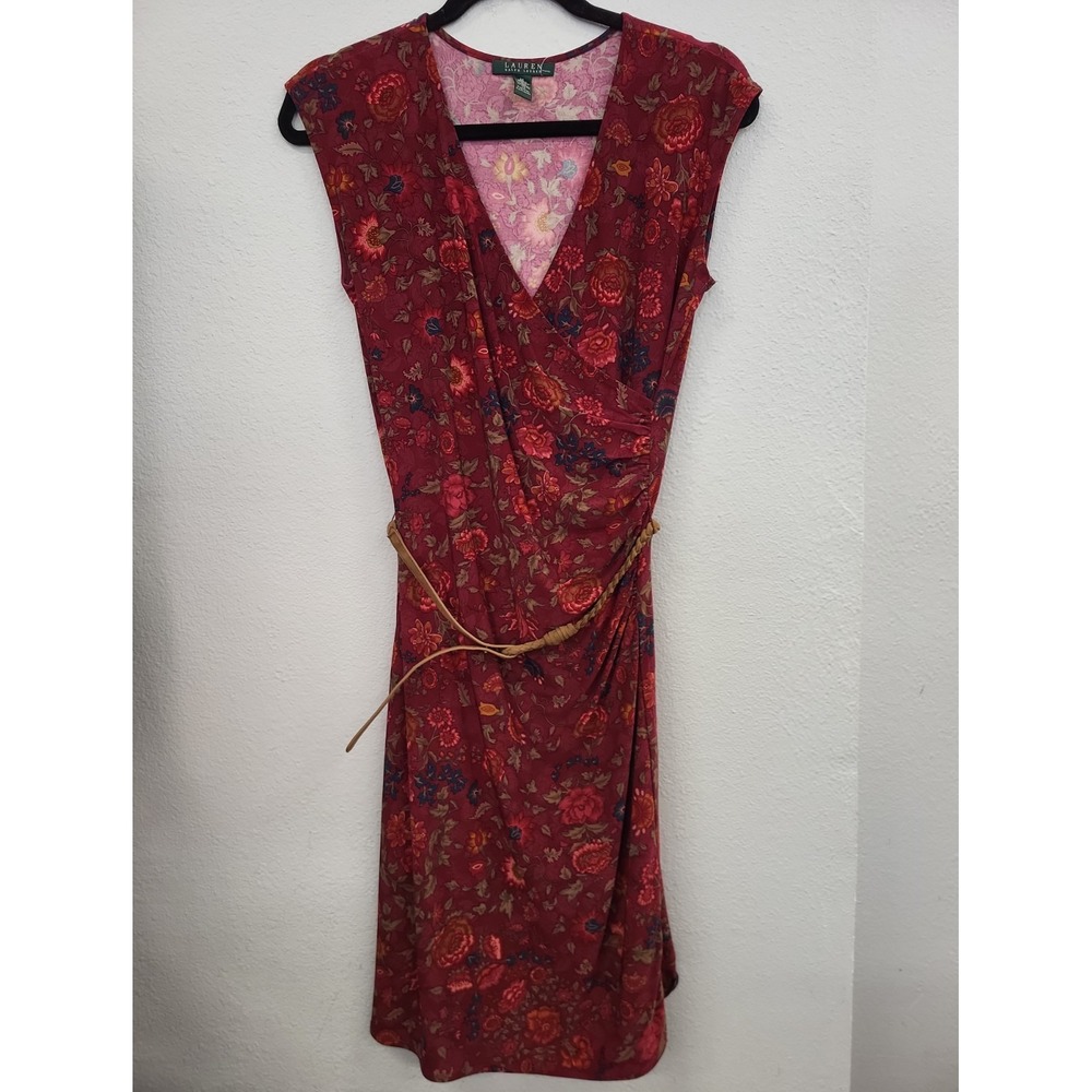 Lauren Ralph Lauren Belted Floral Jersey Faux Wrap Red Dress Size M